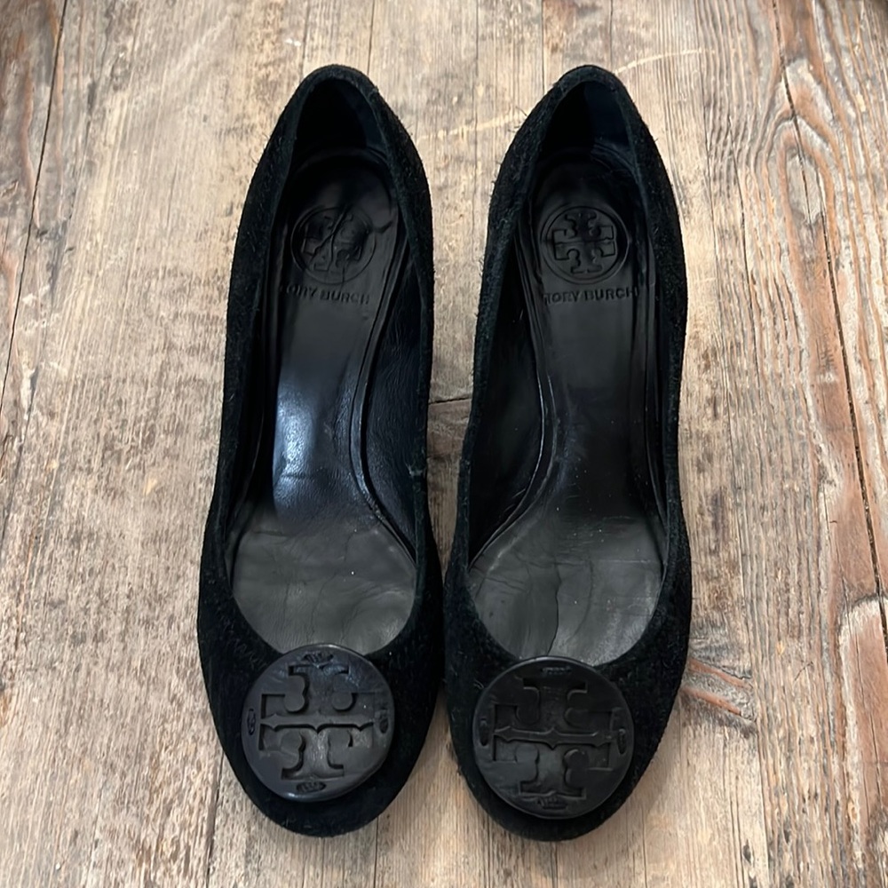 Tory Burch black suede wedges, size 7